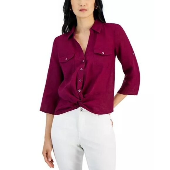 INC International Concepts Tops - INC 100% Linen Women's Burgundy Button-Up Blouse w/ Roll-Tab Sleeves -Size Large